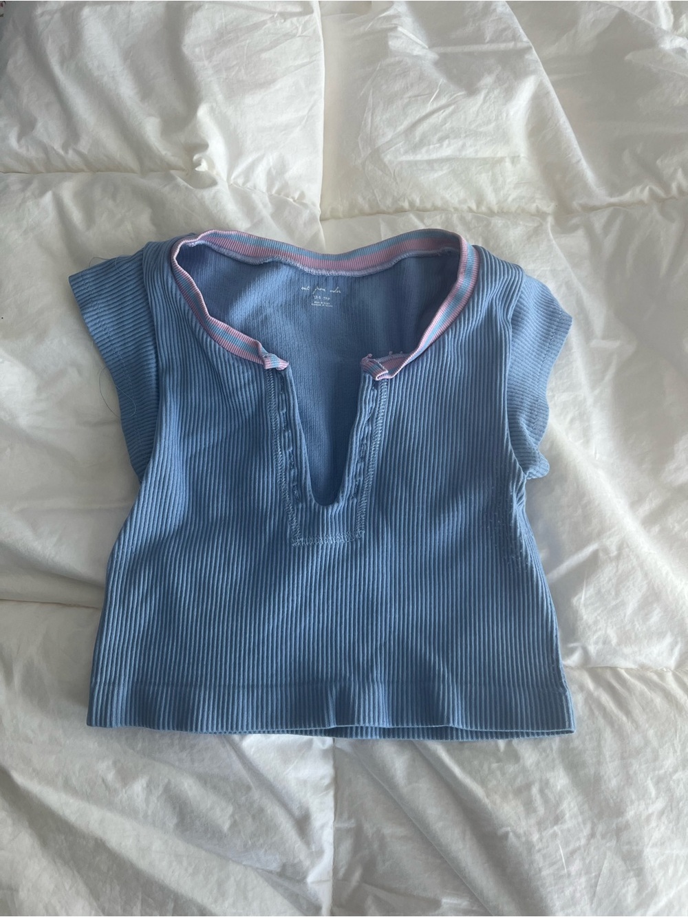 Urban Outfitters Blue Ribbed Tank Top with Pink-Trim Collar